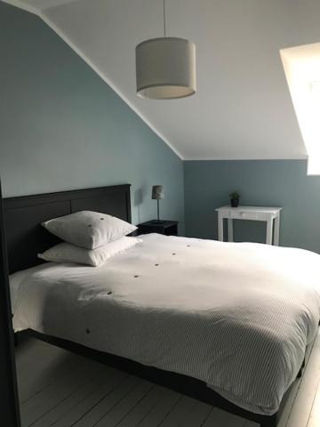 a bedroom with a large white bed with a ceiling at Maison d'hôtes Paris Riverside in Saint-Maur-des-Fossés