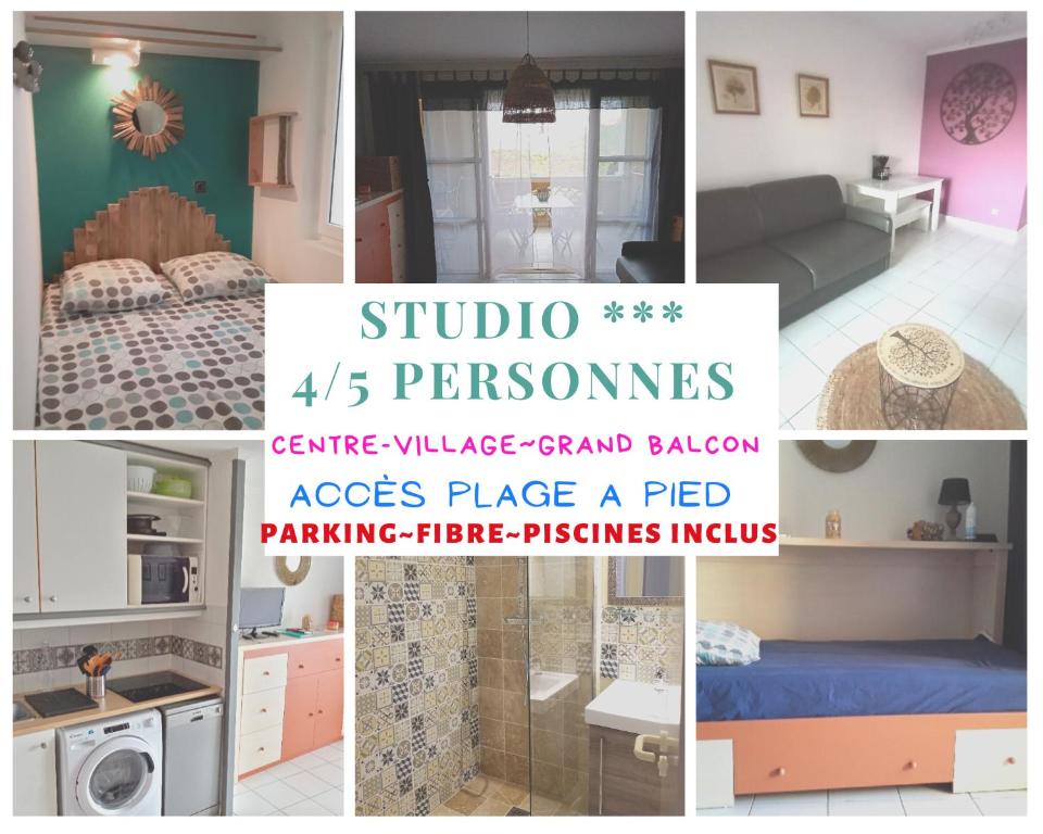un collage de fotos de un dormitorio y una habitación en Cap Esterel studio H3, en Agay - Saint Raphael