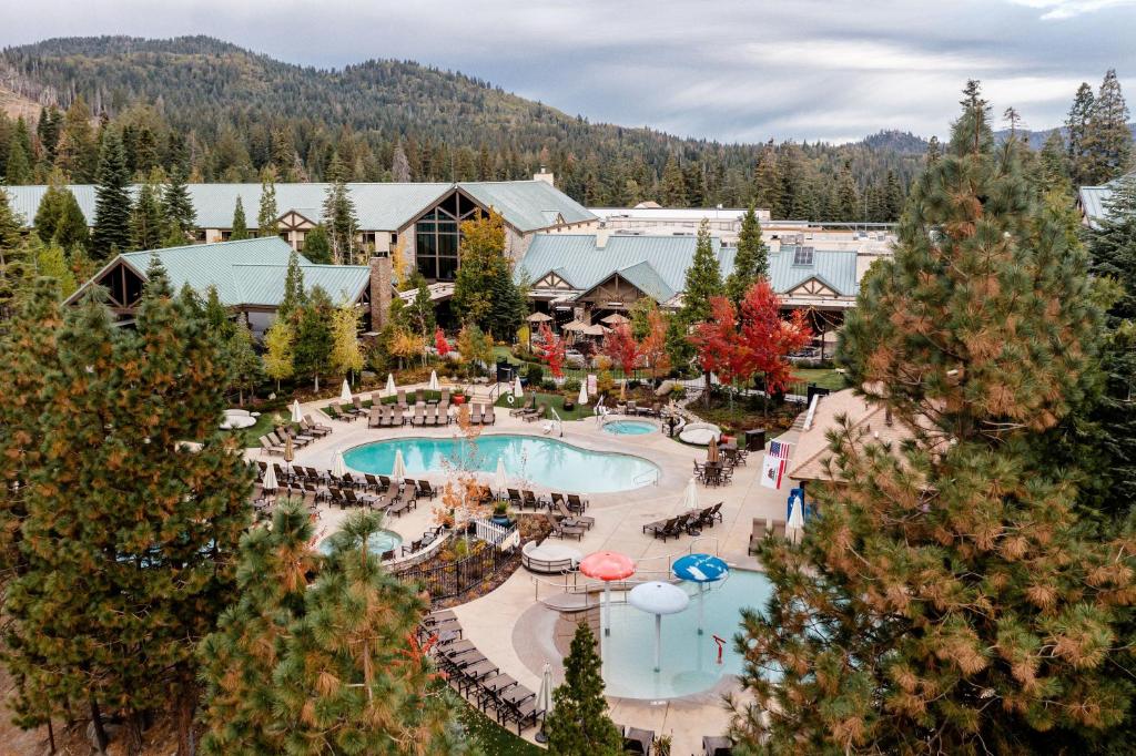 an aerial view of a resort with a swimming pool at Tenaya Lodge at Yosemite in Fish Camp