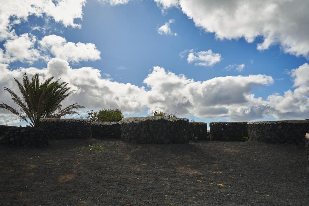 un mur en pierre avec un palmier et un ciel nuageux dans l'établissement CASA MINGO, à Teguise