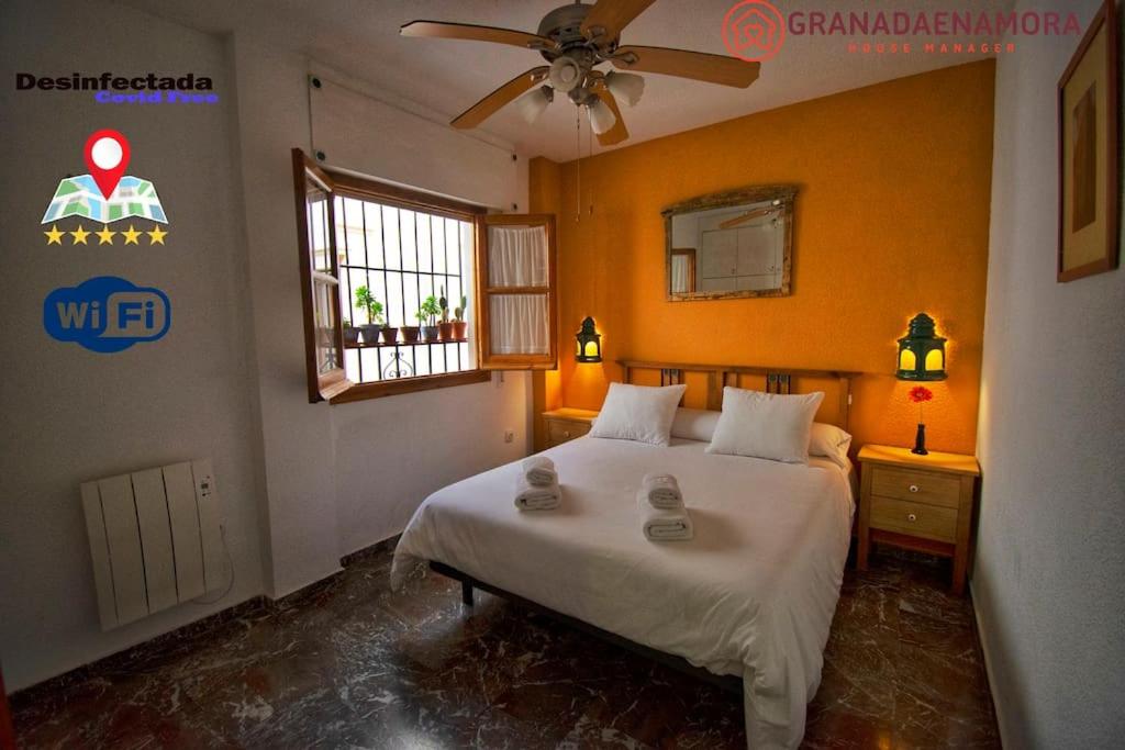 a bedroom with a bed and a ceiling fan at Frente a la Alhambra in Granada