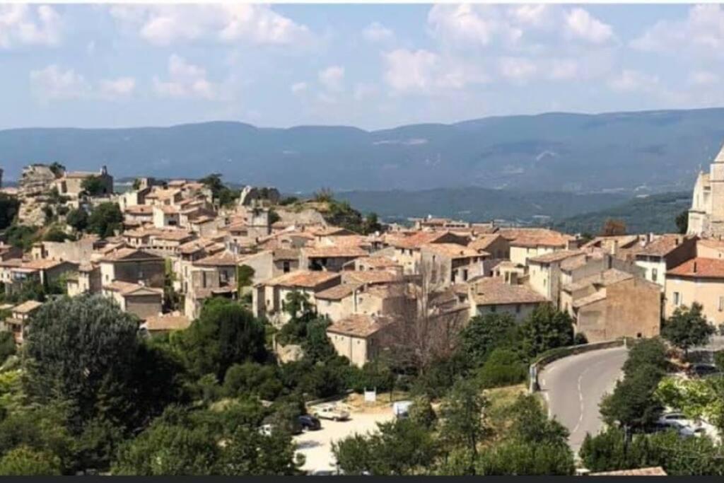 a village on a hill with a road and houses at La Petite Cave in Saignon