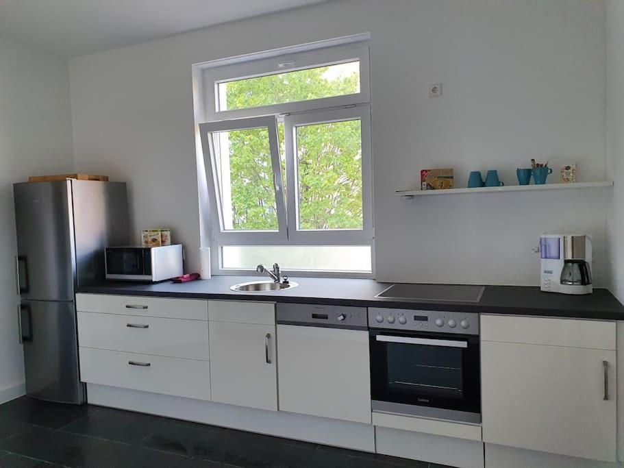 cocina con armarios blancos, fregadero y ventana en EG Weststadt Karlsruhe 4 Zimmer en Karlsruhe