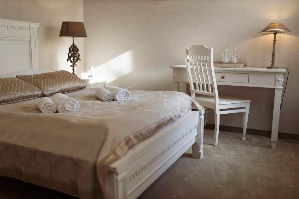 een slaapkamer met een bed, een bureau en een stoel bij Prudentia Hotels Adler in Byczyna