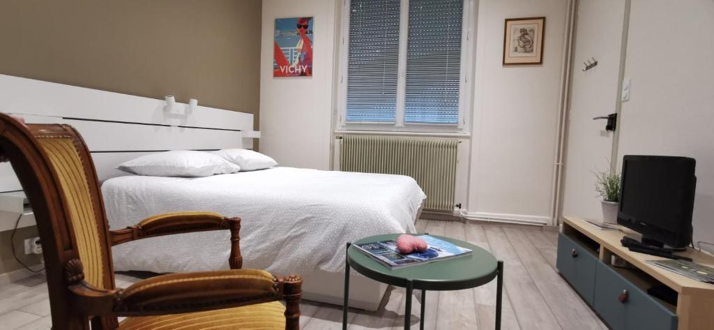 een slaapkamer met een bed, een tv en een stoel bij L'Horizon in Vichy