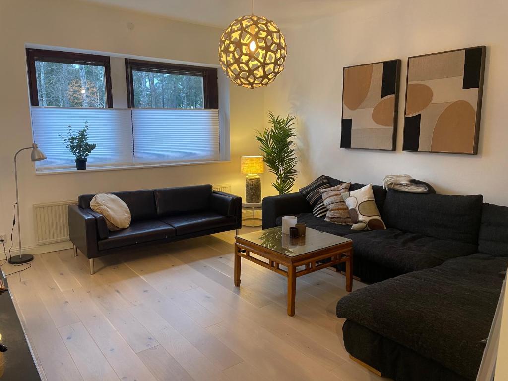 ein Wohnzimmer mit 2 Sofas und einem Couchtisch in der Unterkunft Topp lägenhet 3a in Stockholm