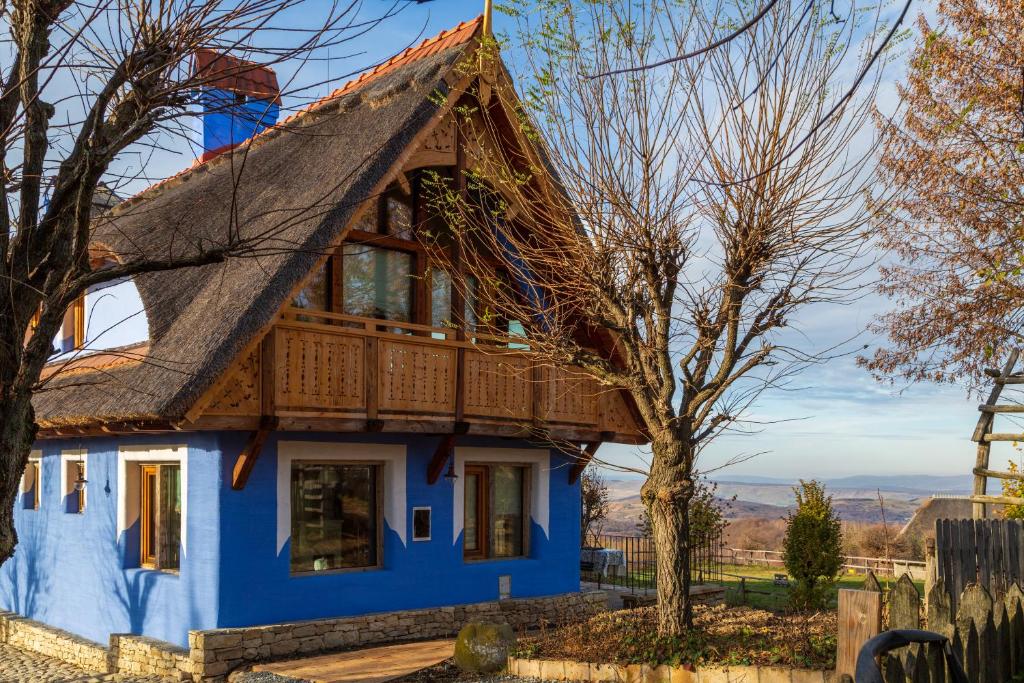 une maison bleue avec un toit en gambrel dans l'établissement Casele cu Stuf B&B Haus Ulrike, à Sălicea