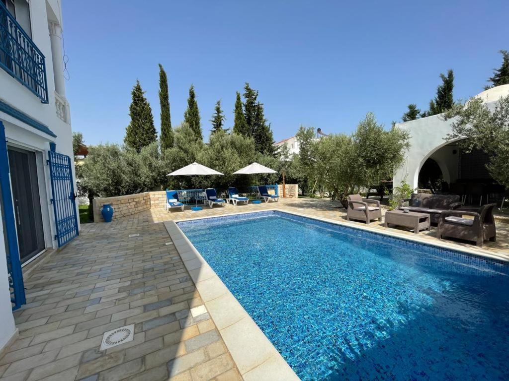 a swimming pool in a yard with chairs and umbrellas at Villa des Oliviers Hammamet B&B in Hammamet