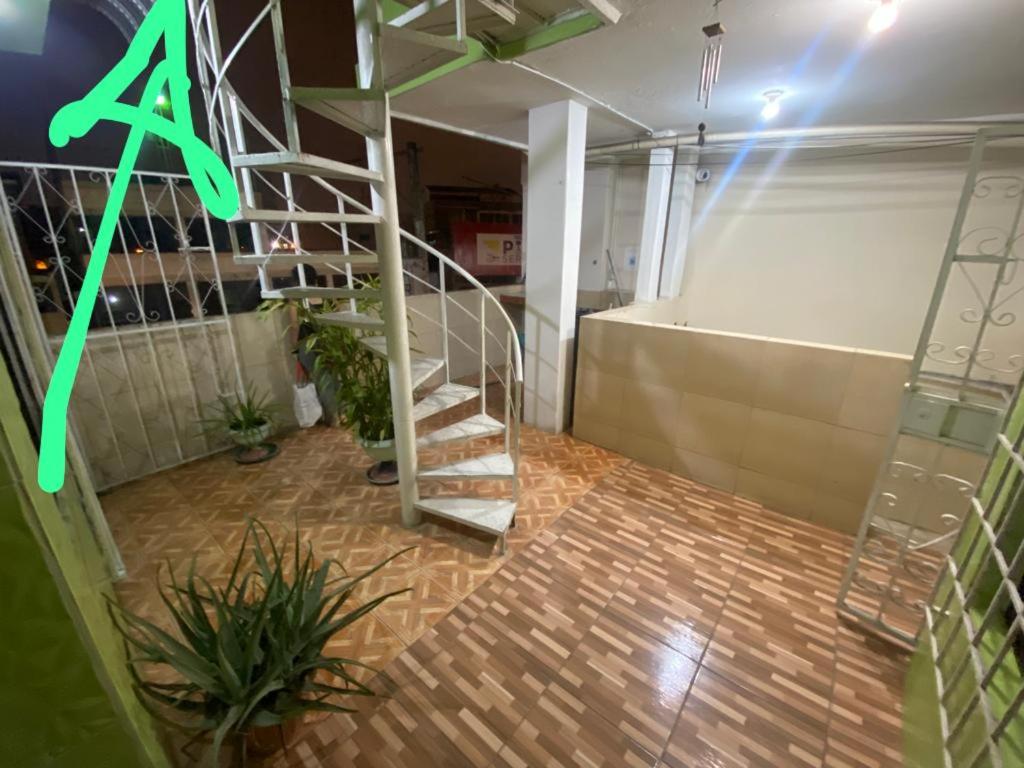 una escalera de caracol en una habitación vacía con plantas en Mini suite en Garzota…., en Guayaquil