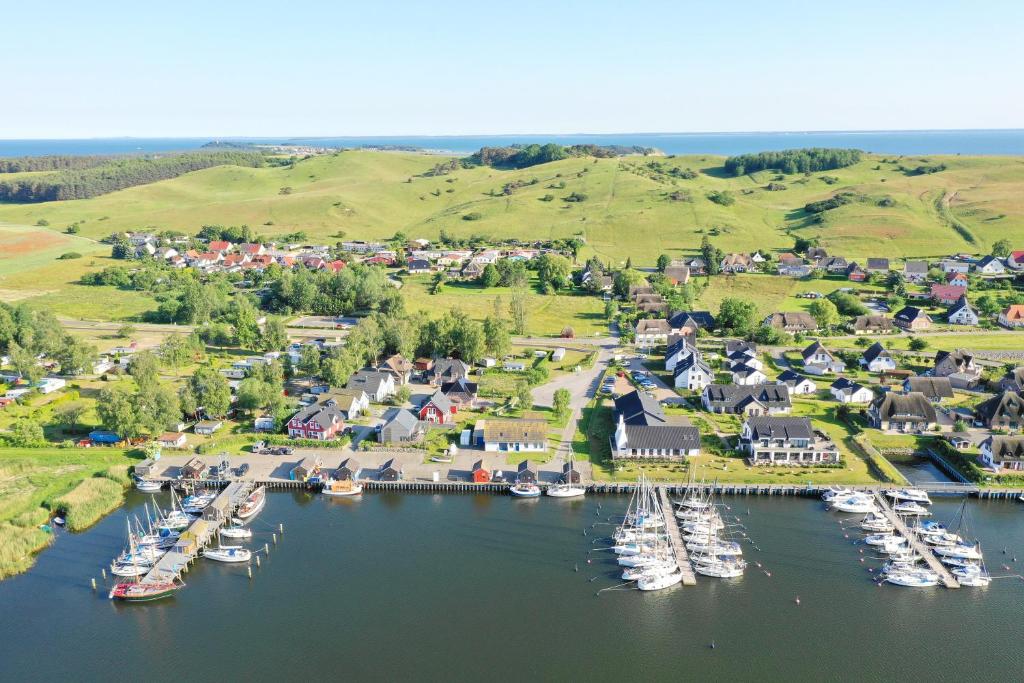 an aerial view of a harbor with boats in the water at Ferienhaus Mantje Mantje Haus - Meerblick, Sauna, Terrasse in Gager