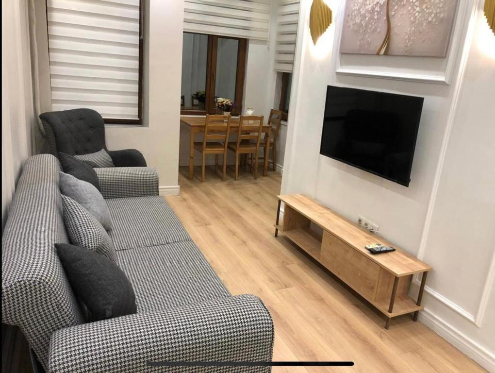 uma sala de estar com um sofá e uma televisão de ecrã plano em tiyatro home em Istambul