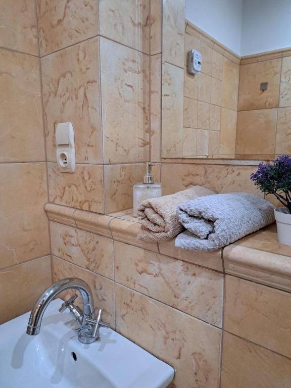 a bathroom with a sink and a mirror at Mokka Apartament in Kielce
