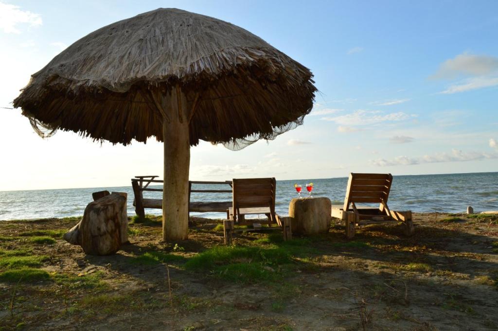 dos sillas bajo una sombrilla en la playa en Bungalow Palmar del Viento, en Moñitos