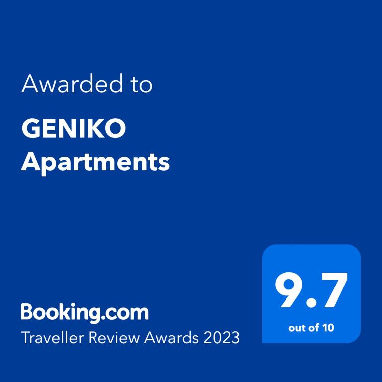 a blue phone screen with the text awarded to genova apartments at GENIKO Apartments in Pomorie