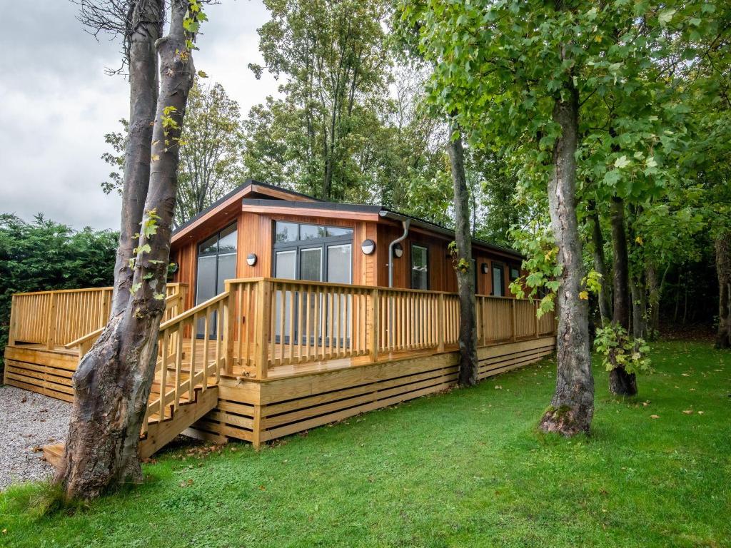 a large wooden cabin in the woods with trees at Bluebell Lodge in Skipton