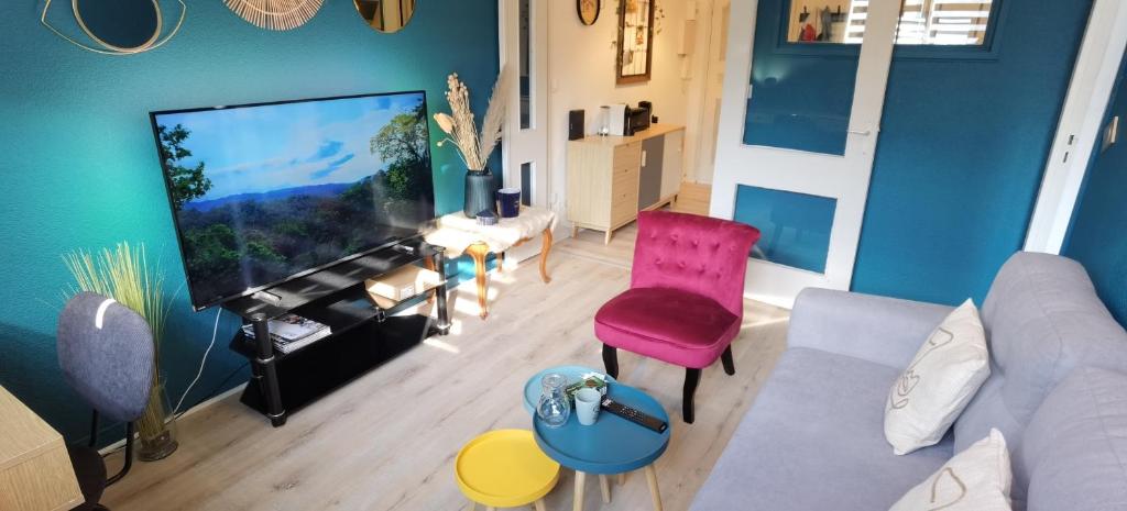 Televízia a/alebo spoločenská miestnosť v ubytovaní Charmant T2 proche Château, Gare, UCO, Parking privé