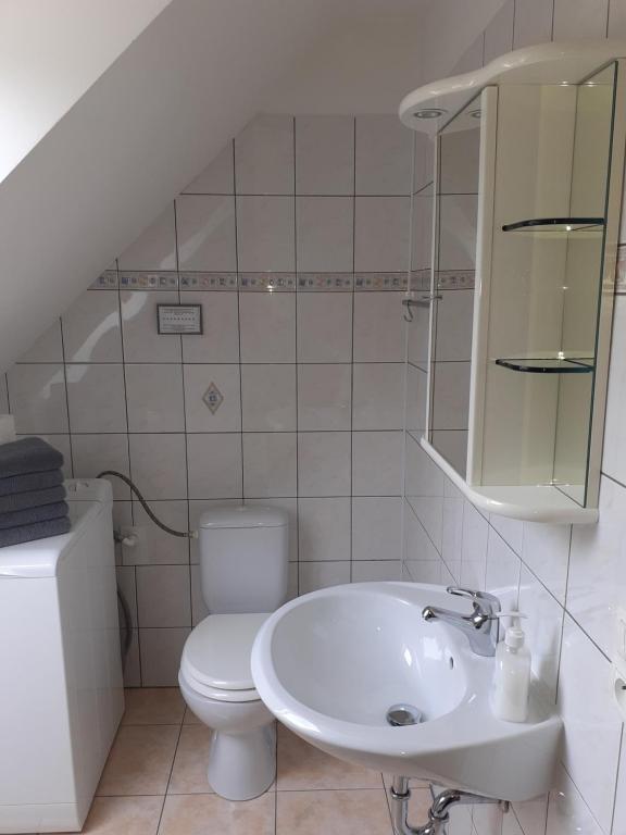 a white bathroom with a sink and a toilet at Tisá 488 in Tisá