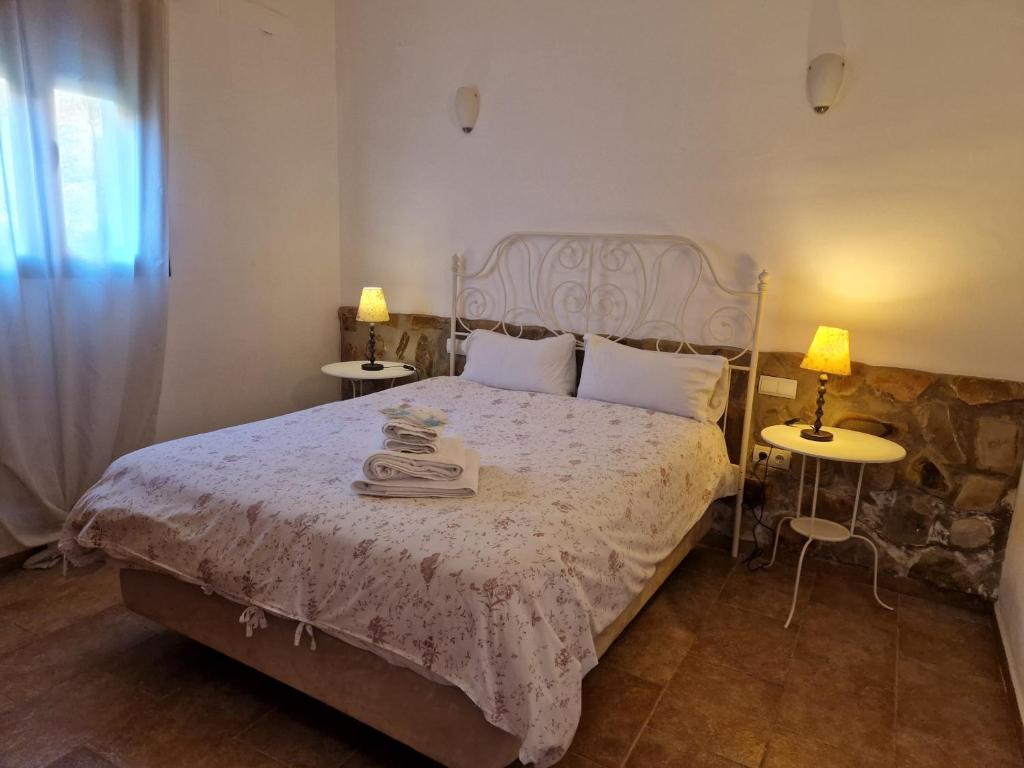 ein Schlafzimmer mit einem Bett mit zwei Tischen und zwei Lampen in der Unterkunft Casa Rural La Era 3 - Adults Only in Aracena
