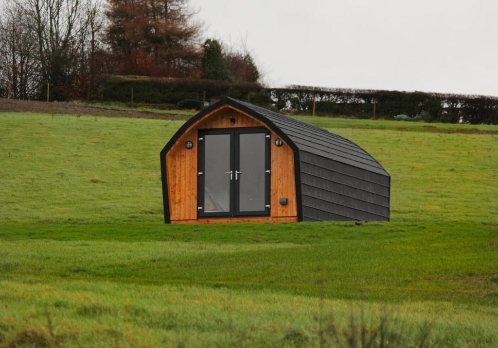 a small black shed in a field of grass at Badger's Sett in Bathgate