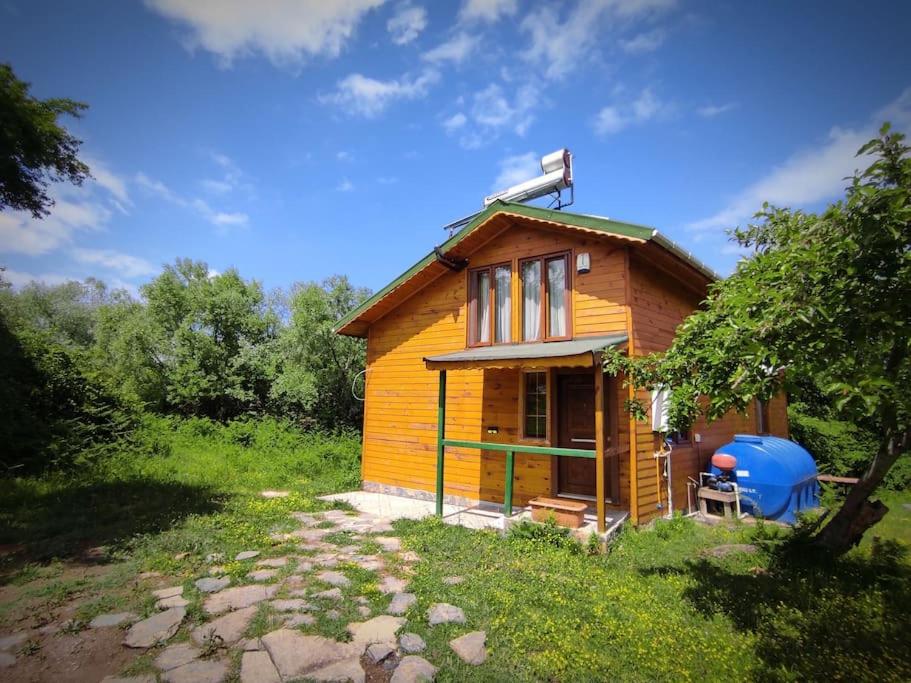 una pequeña casa de madera con un objeto azul al lado en Ağva Serenita Villa, en Sile