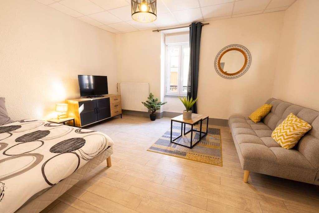 uma sala de estar com uma cama e um sofá em L'Urbain B - Tout équipé - Centre-Ville Gare em Montluçon