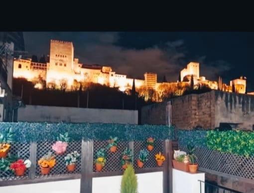 een uitzicht op een stad 's nachts met bloemen op een hek bij PATRIMONIO ARABE VISTA A LA ALHAMBRA in Granada