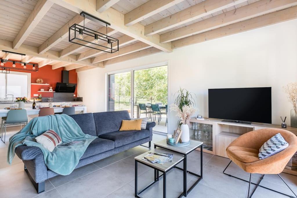 un salon avec un canapé bleu et une télévision dans l'établissement Les Balcons de la Charve - Gîte 4 étoiles, à Jongieux