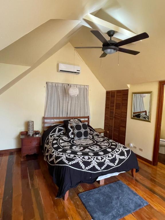 sypialnia z łóżkiem i wentylatorem sufitowym w obiekcie The Coral Casa w Caye Caulker
