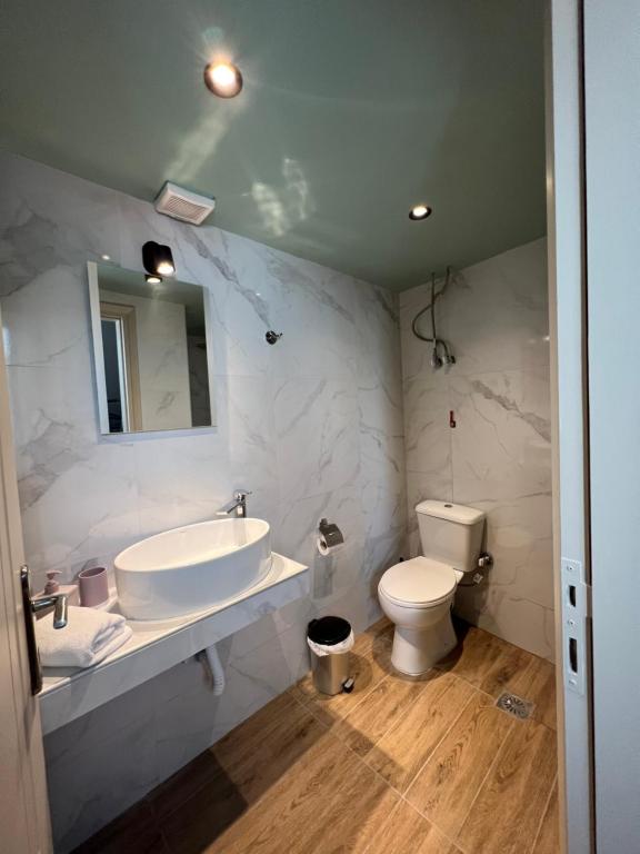普雷韋扎的住宿－SPN.SPIROS APARTMENTS PREVEZA，一间带水槽、卫生间和镜子的浴室