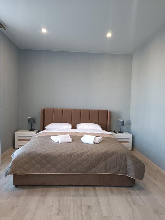 ein Schlafzimmer mit einem großen Bett mit zwei Kissen in der Unterkunft Стильна квартира, центр Мукачева in Mukatschewo
