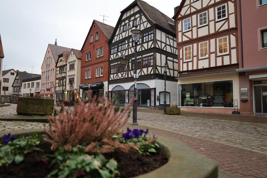 a city street with tall buildings and a flower pot at Romantisches Main Erlebnis in Gemünden