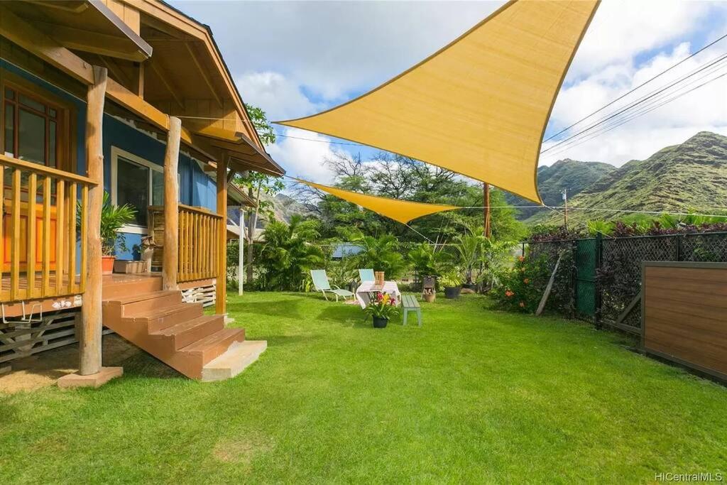 un patio trasero con una gran sombrilla amarilla sobre la hierba en Charming Country Cottage on quiet street just a few steps from the beach!, en Waianae