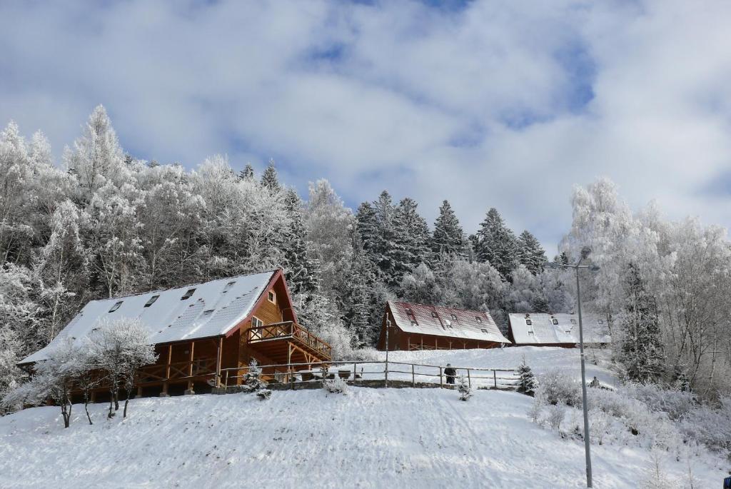 una baita di tronchi nella neve con alberi di Domki na Górce a Wierchomla Mała