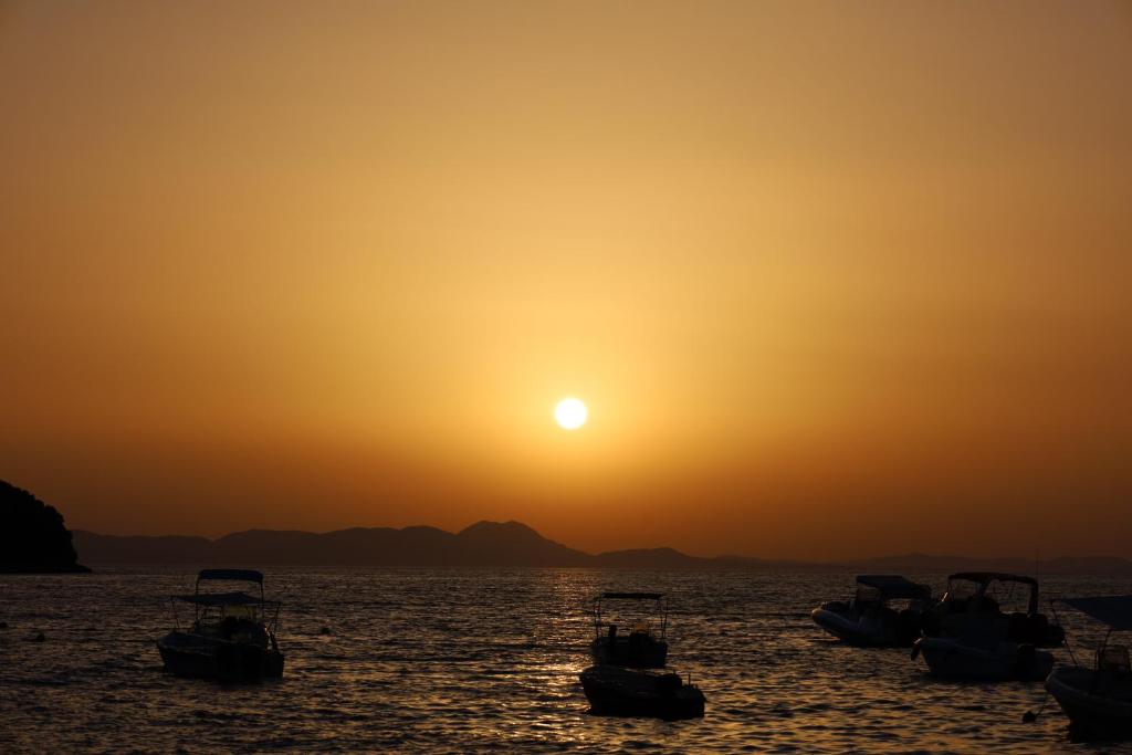 a group of boats in the water at sunset at Baia Blu Apartments in Syvota