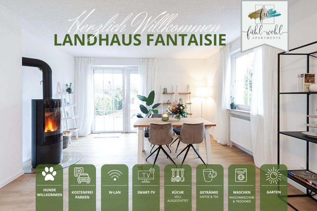 Landhaus Fantaisie - Wohnen nahe Schlosspark -Stadtgrenze Bayreuth für 1-5 Personen في Eckersdorf: غرفة معيشة مع موقد وطاولة