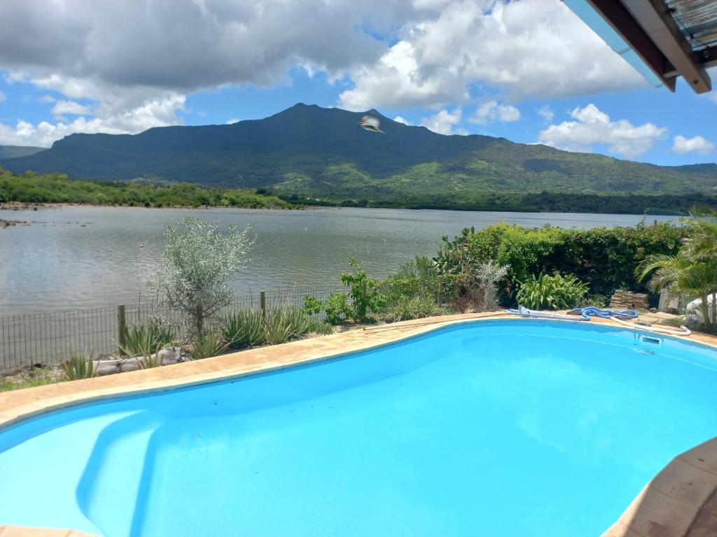 uma piscina com vista para um lago e montanhas em 21LG Ilot Fortier M Sea Front and Swimming pool em Rivière Noire