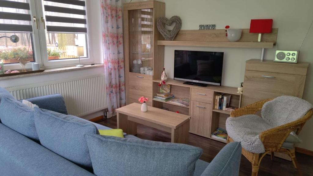 TV a/nebo společenská místnost v ubytování Helenes Ferienwohnung auf dem Bauernhof - Lausitzer Seenland