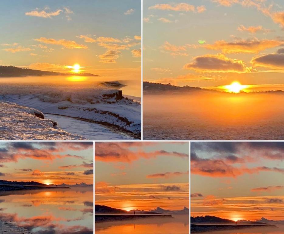 a collage of four pictures of a sunset at Watersedge Retreat, views, sunsets, dogs welcome in Sandside