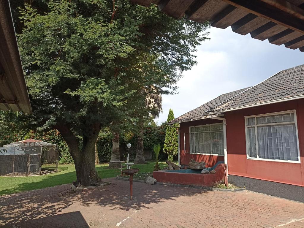 a tree next to a house with a couch at Gilgal Abode in Secunda