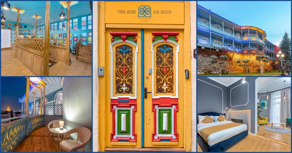 a collage of four pictures of a building with a door at Blue Balcony Hotel in Tbilisi City