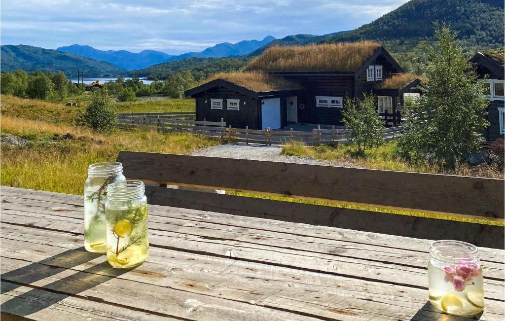 two bottles of vinegar sitting on a wooden table at Lovely Home In Sykkylven With House A Panoramic View in Sykkylven