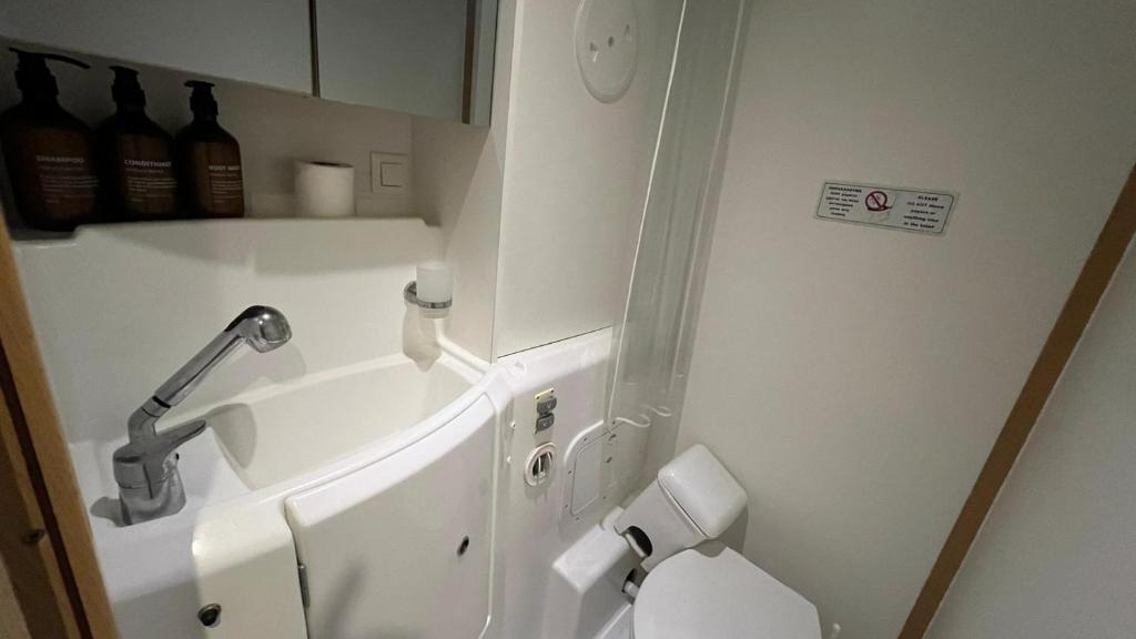 La petite salle de bains est pourvue d'un lavabo et de toilettes. dans l'établissement יאכטה נעמי, à Ashdod