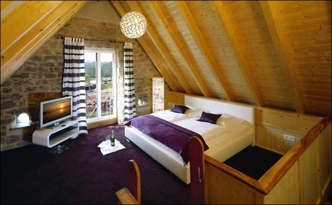 ein Schlafzimmer mit einem großen Bett und einem TV in der Unterkunft Landgrafen-Mühle in Wallhalben