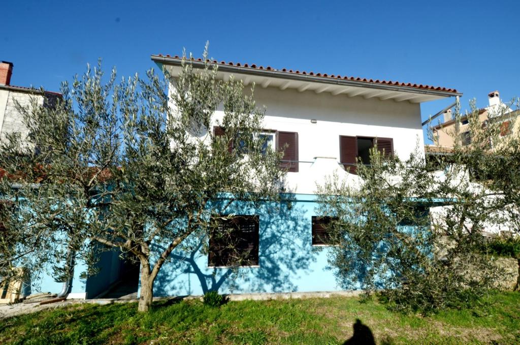 a blue and white house with trees in front of it at Mon Perin Castrum-Apartment Floris in Bale