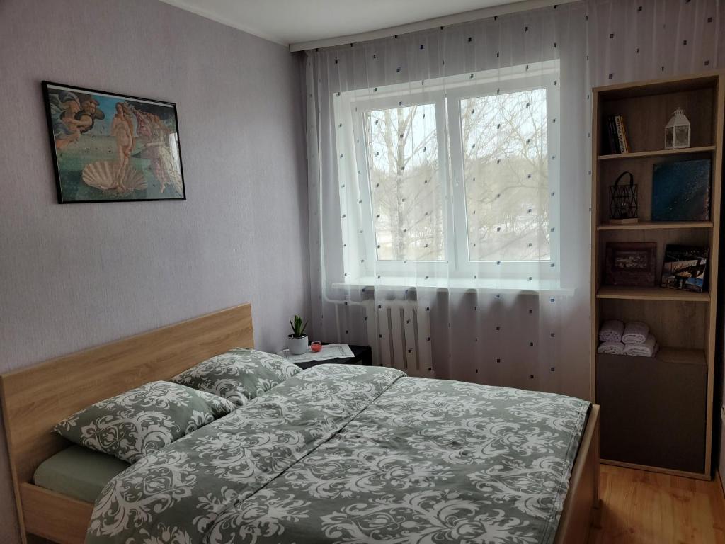 a bedroom with a bed and a window at City apartament in Jelgava