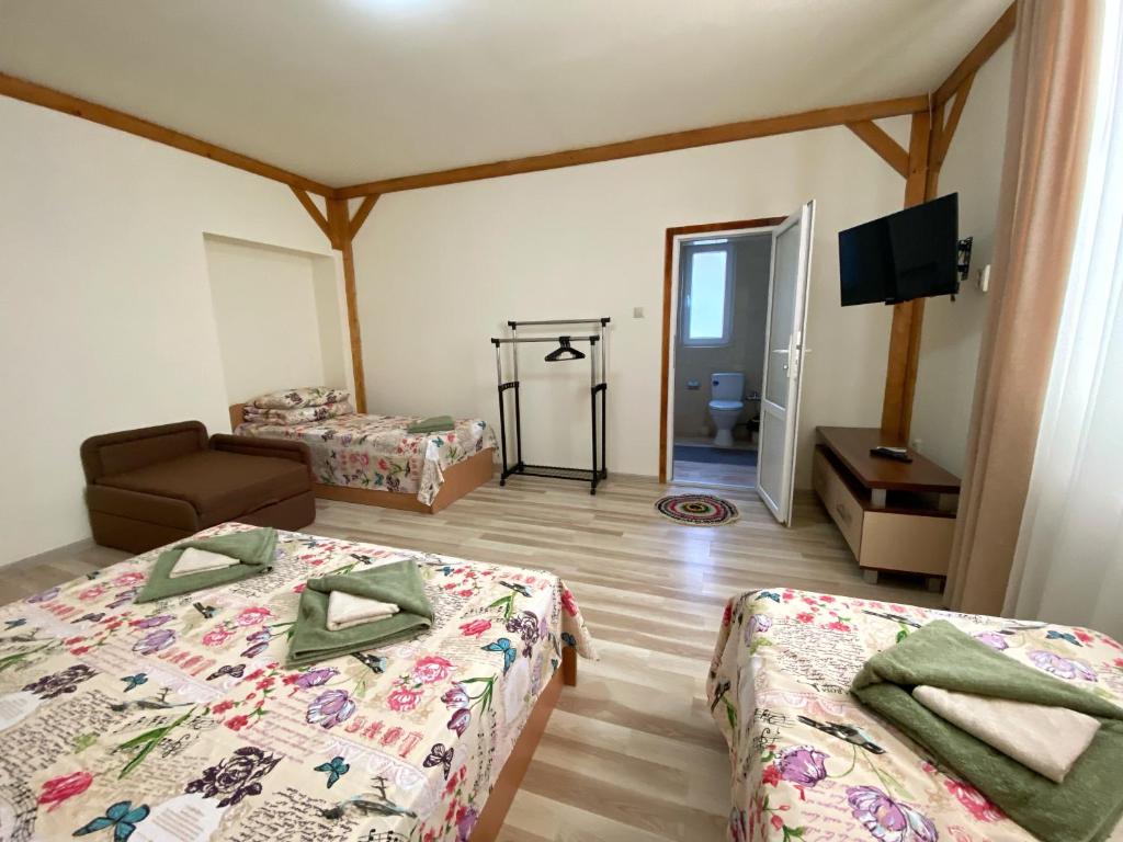 a room with two beds and a tv in it at Villa “Eleon” in Velyka Bihanʼ