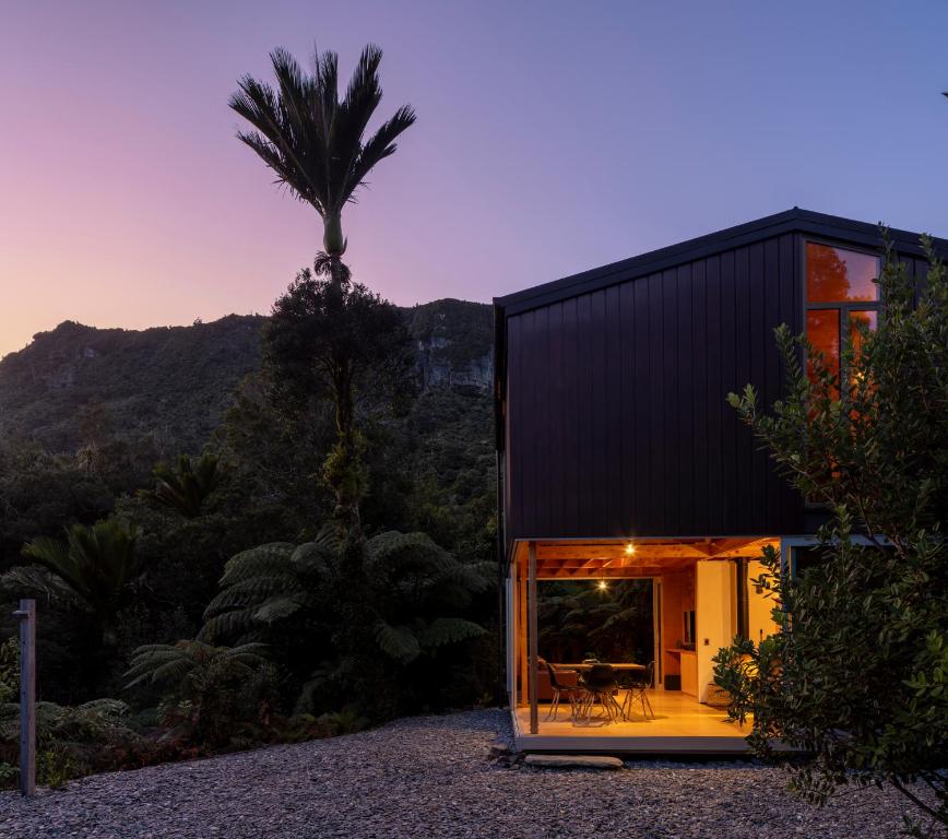 a house with a black roof and a palm tree at Punakaiki Forest Retreat in Punakaiki