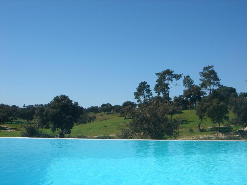 uma grande piscina de água azul com árvores ao fundo em Monte Do Areeiro em Coruche