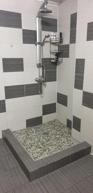 y baño con ducha y suelo de piedra. en Šikšnosparnio urvas, en Klaipėda
