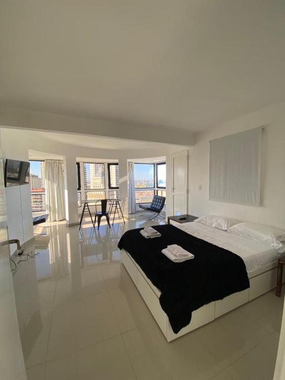 1 dormitorio con 1 cama grande y sala de estar en Exotic Pent House with private terrace en Buenos Aires
